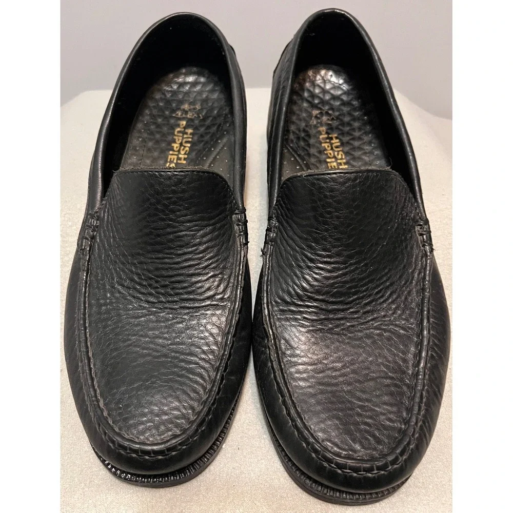 Hush Puppies Alex Mens Black Pebbled Leather Moc Toe Slip On Loafers Shoes 9M